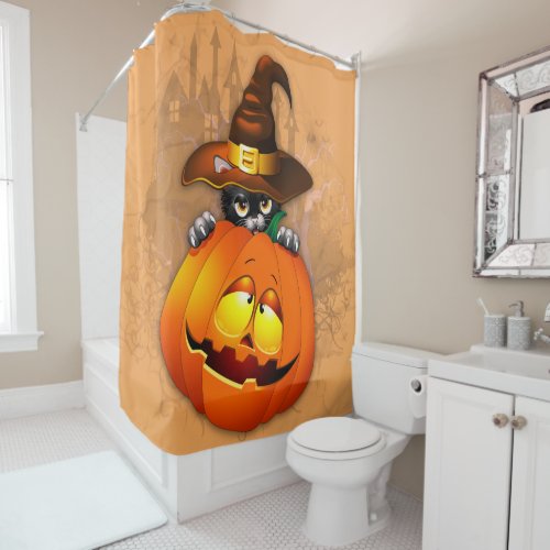 Halloween Cute Kitty Witch and Pumpkin Friend  Shower Curtain