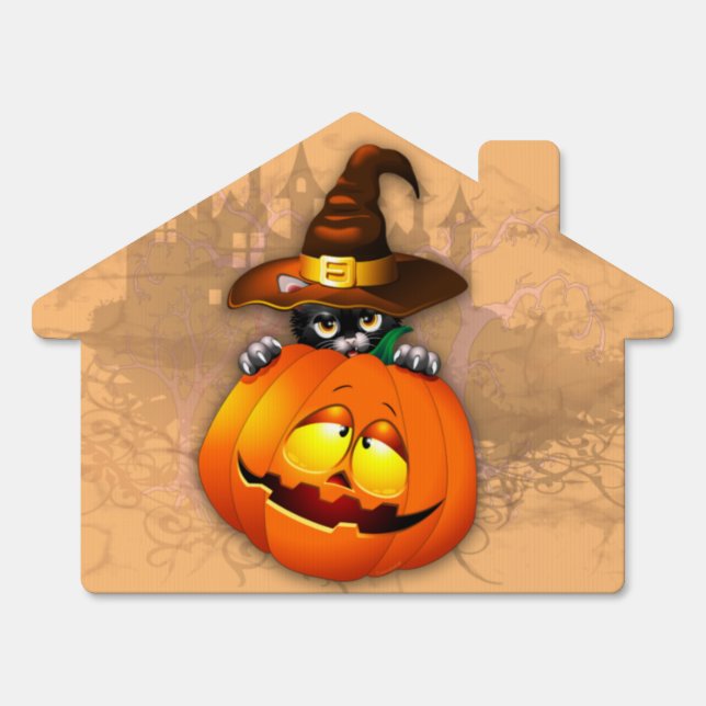 Halloween Cute Kitty Witch and Pumpkin Friend  Sign (Front)