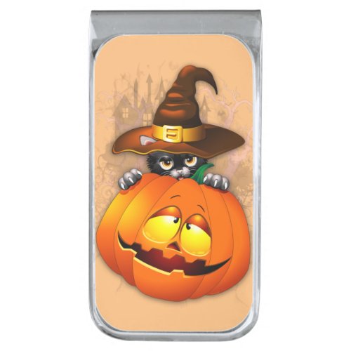 Halloween Cute Kitty Witch and Pumpkin Friend  Silver Finish Money Clip