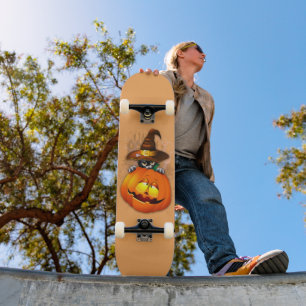 Halloween Cute Kitty Witch and Pumpkin Friend Skateboard