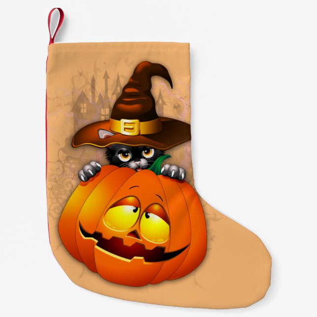 Halloween Cute Kitty Witch and Pumpkin Friend  Small Christmas Stocking (Front)