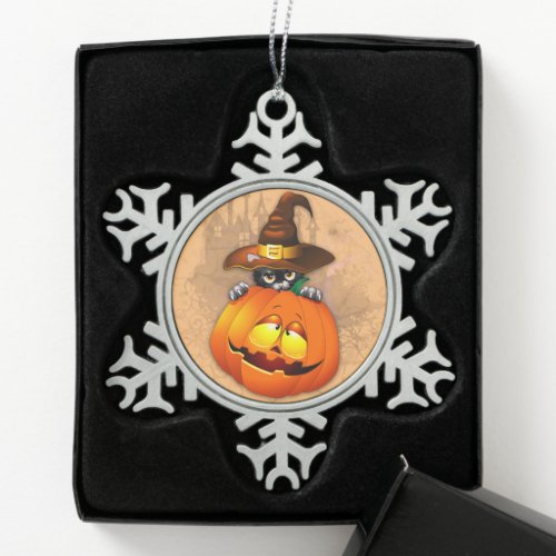 Halloween Cute Kitty Witch and Pumpkin Friend  Snowflake Pewter Christmas Ornament