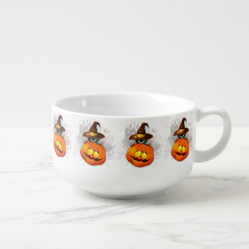Halloween Cute Kitty Witch and Pumpkin Friend  Soup Mug