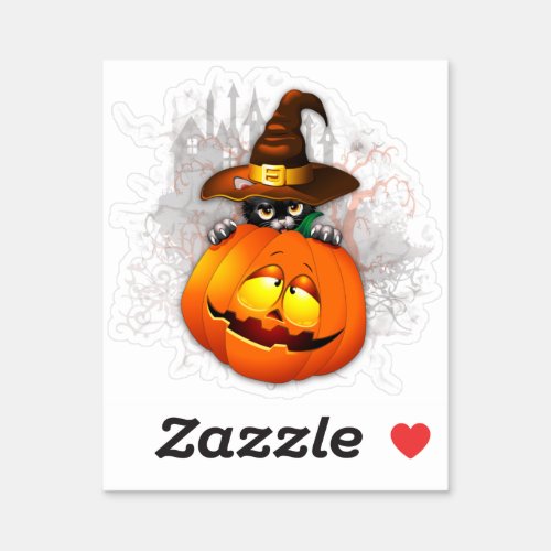 Halloween Cute Kitty Witch and Pumpkin Friend  Sticker
