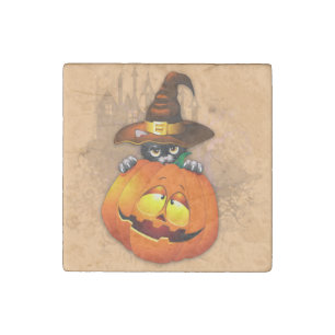 Halloween Cute Kitty Witch and Pumpkin Friend Stone Magnet