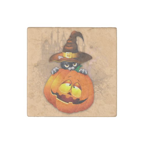 Halloween Cute Kitty Witch and Pumpkin Friend  Stone Magnet