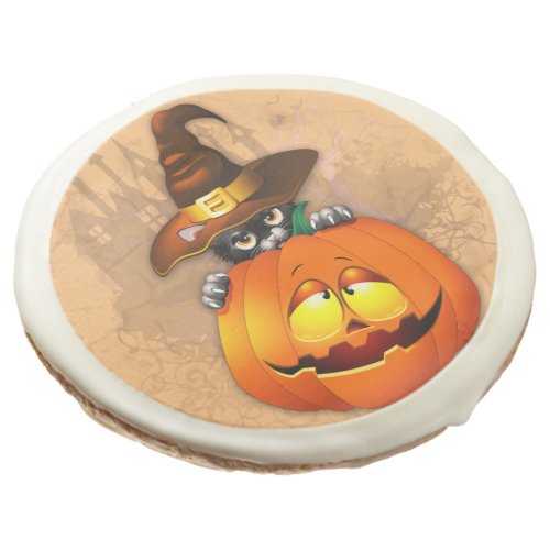 Halloween Cute Kitty Witch and Pumpkin Friend  Sugar Cookie