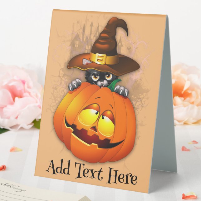 Halloween Cute Kitty Witch and Pumpkin Friend  Table Tent (In SItu (Wedding))