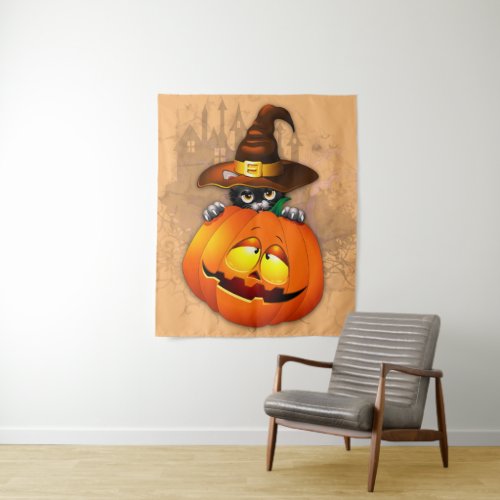 Halloween Cute Kitty Witch and Pumpkin Friend  Tapestry