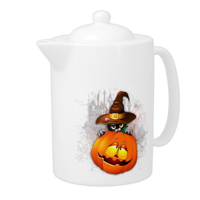 Halloween Cute Kitty Witch and Pumpkin Friend  Teapot (Right)