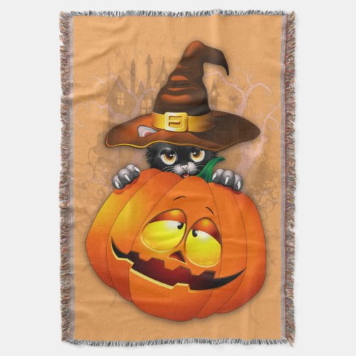 Halloween Cute Kitty Witch and Pumpkin Friend  Throw Blanket