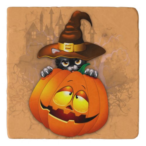 Halloween Cute Kitty Witch and Pumpkin Friend  Trivet