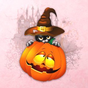 Halloween Cute Kitty Witch and Pumpkin Friend Wall Decal