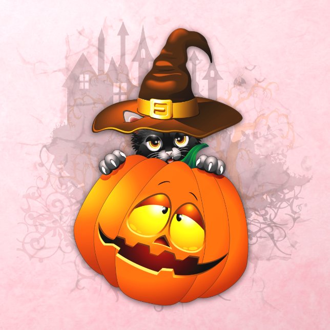 Halloween Cute Kitty Witch and Pumpkin Friend  Wall Decal (Insitu 3)