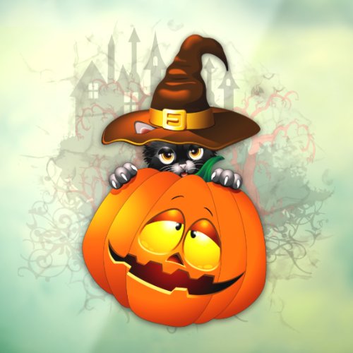 Halloween Cute Kitty Witch and Pumpkin Friend  Window Cling