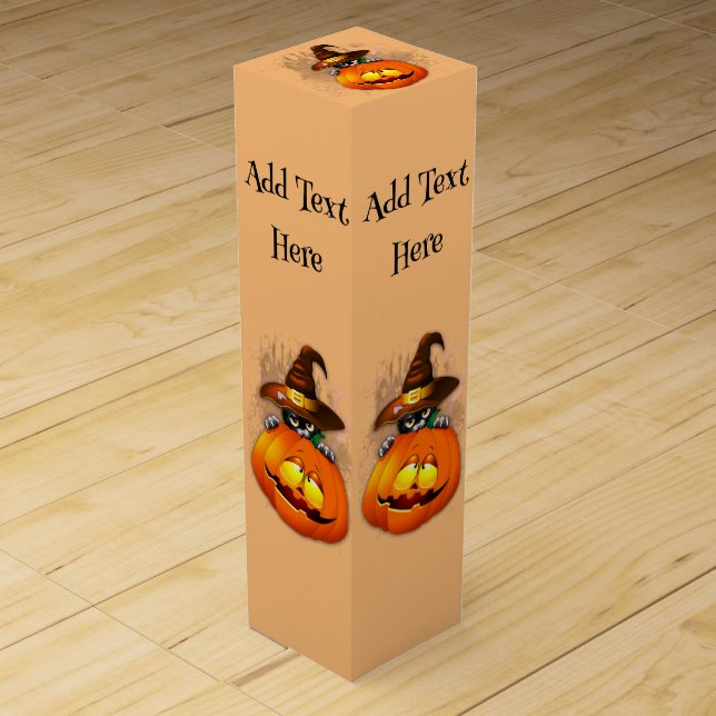 Halloween Cute Kitty Witch and Pumpkin Friend  Wine Box (Front)