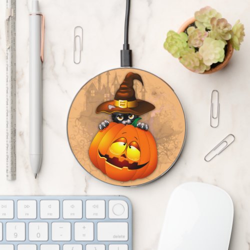 Halloween Cute Kitty Witch and Pumpkin Friend  Wireless Charger