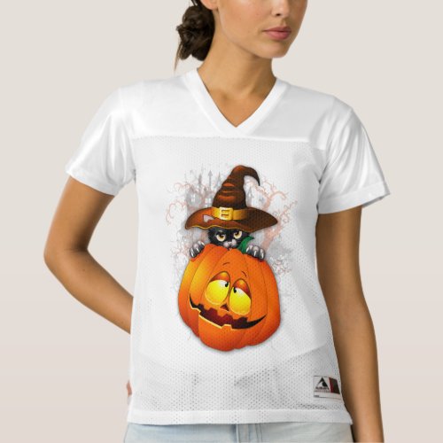 Halloween Cute Kitty Witch and Pumpkin Friend  Womens Football Jersey