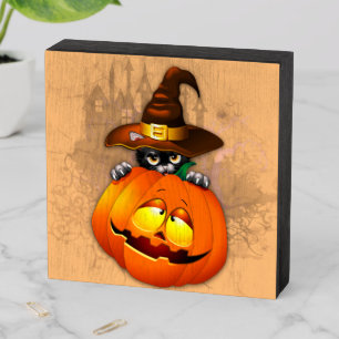 Halloween Cute Kitty Witch and Pumpkin Friend Wooden Box Sign