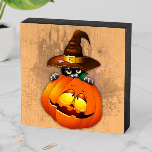 Halloween Cute Kitty Witch and Pumpkin Friend  Wooden Box Sign