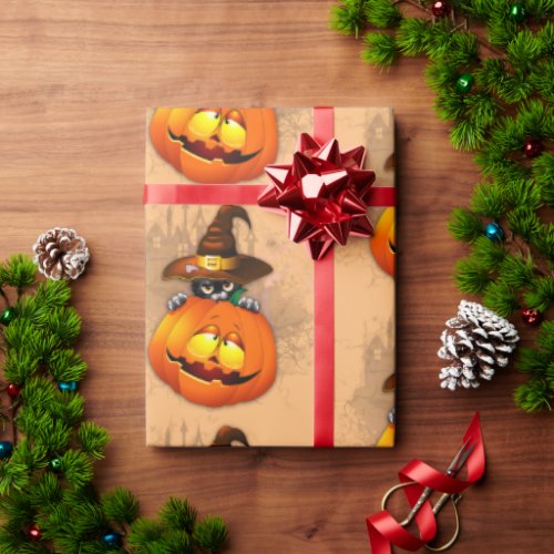 Halloween Cute Kitty Witch and Pumpkin Friend  Wrapping Paper