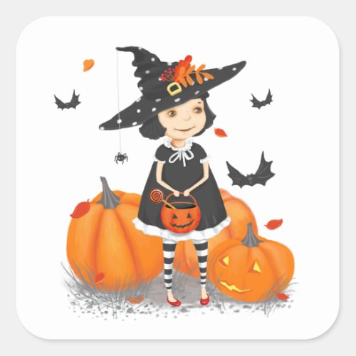 Halloween Cute Little Witch Square Sticker