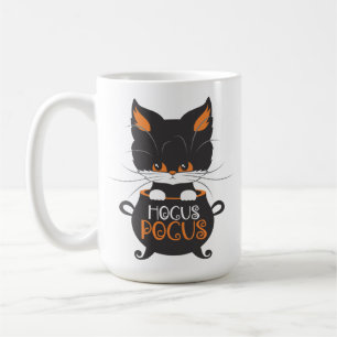 HALLOWEEN CUTE ORANGE & BLACK CAT IN CAULDRON COFFEE MUG