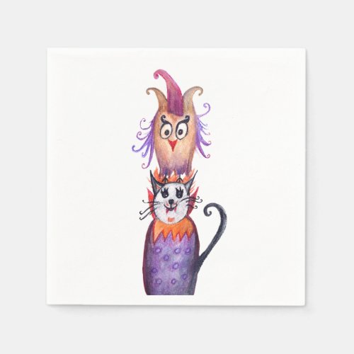 Halloween  Cute Owl Cat Art Paper napkins