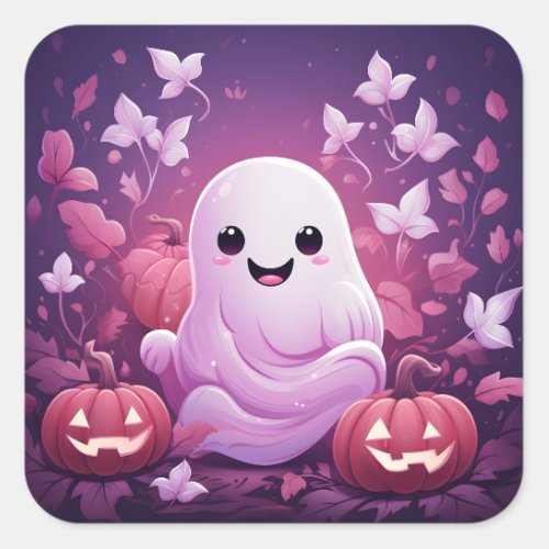 Halloween Cute Pink Ghost And Orange Pumpkins Square Sticker
