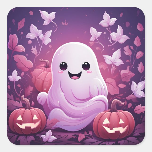 Halloween Cute Pink Ghost And Orange Pumpkins Square Sticker (Front)
