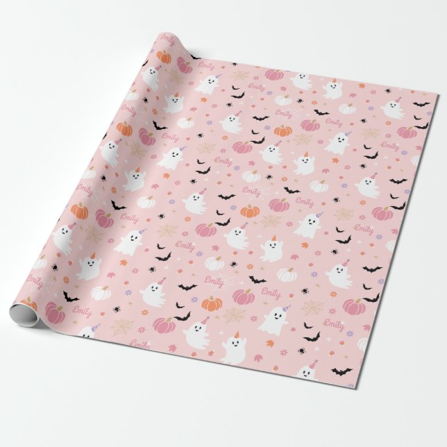Halloween Cute Pink Ghost With Personalized Name Wrapping Paper (Unrolled)