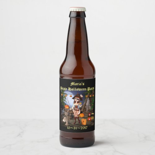 Halloween Cute Pirate Girl Beer Bottle Label