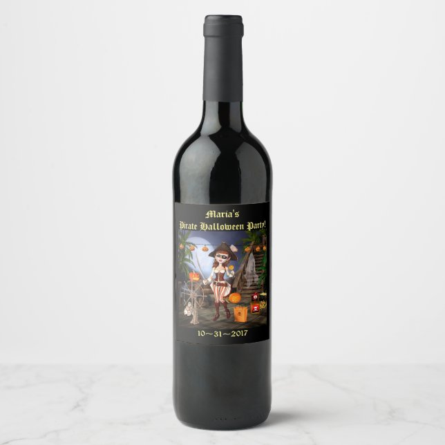 Halloween Cute Pirate Girl Wine Label (Front)