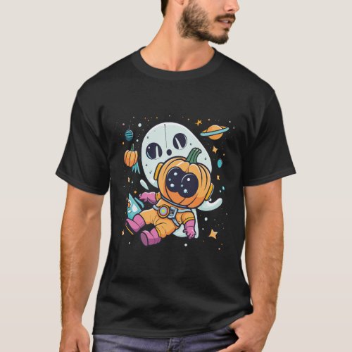 Halloween cute pumpkin and ghost in space T_Shirt