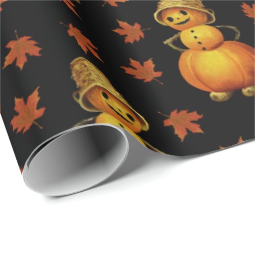 Halloween Cute Pumpkin Autumn Leaves Pattern Wrapping Paper