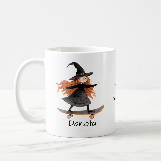 Halloween Cute Skateboarding Witch Personalize Coffee Mug (Left)
