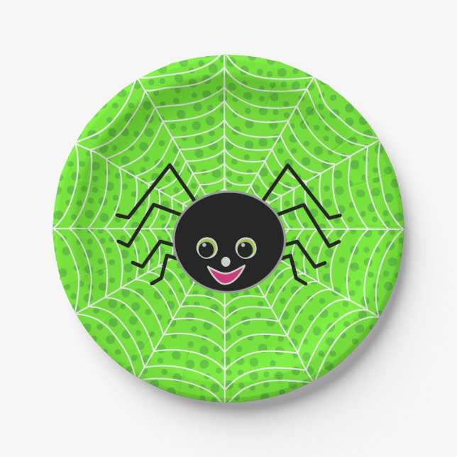 Halloween Cute Spider on Web Paper Plates (Front)