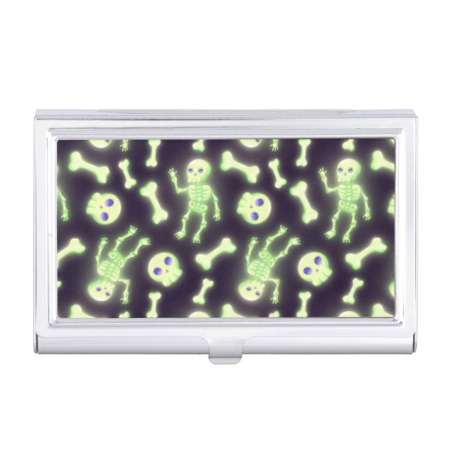 Halloween Cute Spooky Glowing Skeleton Bones Skull Business Card Case (Front)