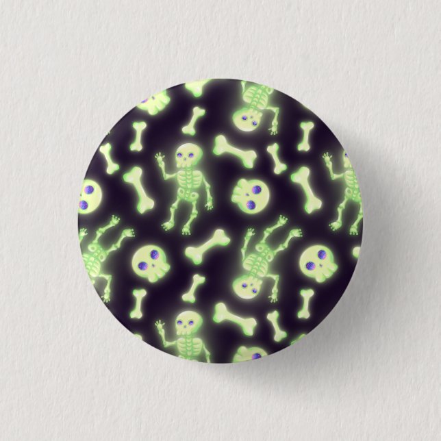 Halloween Cute Spooky Glowing Skeleton Bones Skull Button (Front)