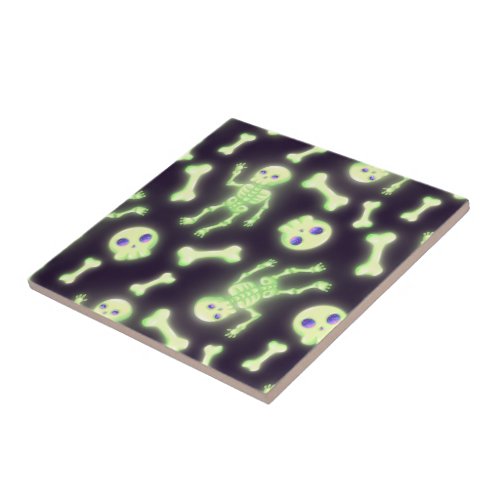 Halloween Cute Spooky Glowing Skeleton Bones Skull Ceramic Tile