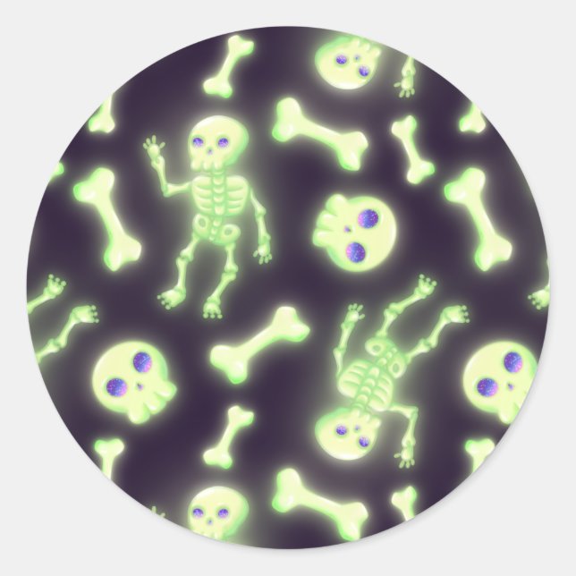 Halloween Cute Spooky Glowing Skeleton Bones Skull Classic Round Sticker (Front)