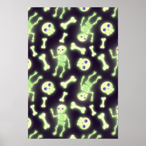 Halloween Cute Spooky Glowing Skeleton Bones Skull Poster