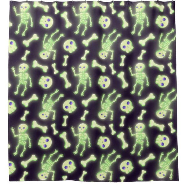 Halloween Cute Spooky Glowing Skeleton Bones Skull Shower Curtain (Front)