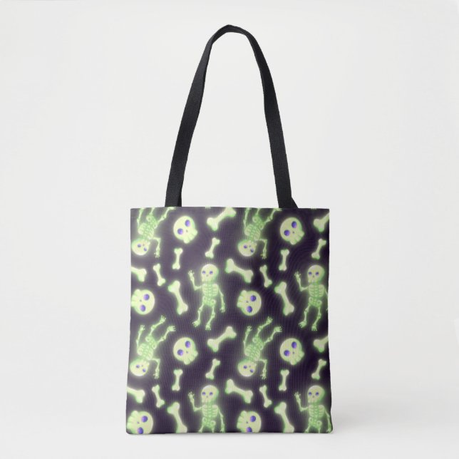 Halloween Cute Spooky Glowing Skeleton Bones Skull Tote Bag (Front)