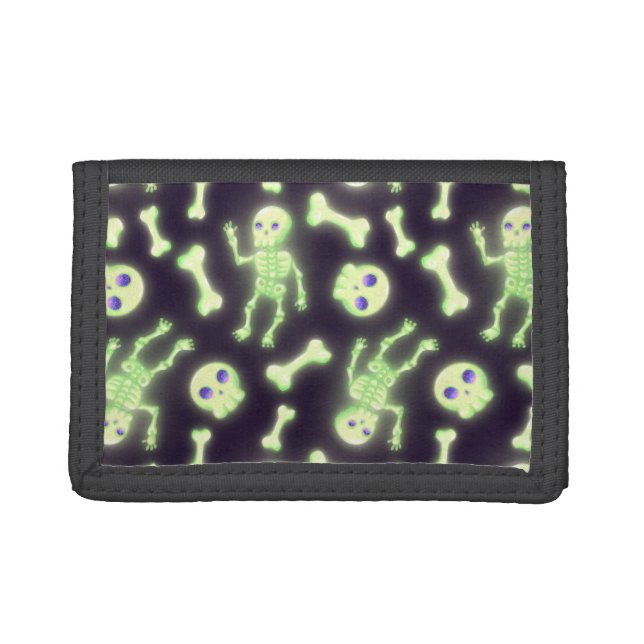 Halloween Cute Spooky Glowing Skeleton Bones Skull Trifold Wallet (Front)