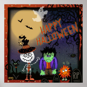 Halloween Cute Spooky Skeleton Cat Monsters Poster