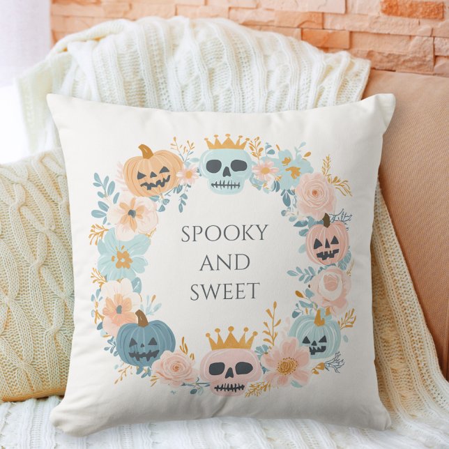 Halloween Cute Spooky Skull Pumpkin Pink Blue Chic Throw Pillow (Halloween Cute Spooky Skull Pumpkin Pink Blue Chic Throw Pillow)