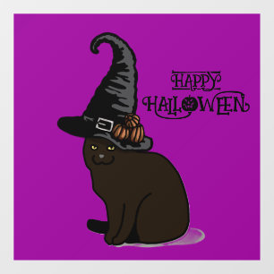 Halloween Cute Spooky Whimsical Black Cat Purple Window Cling