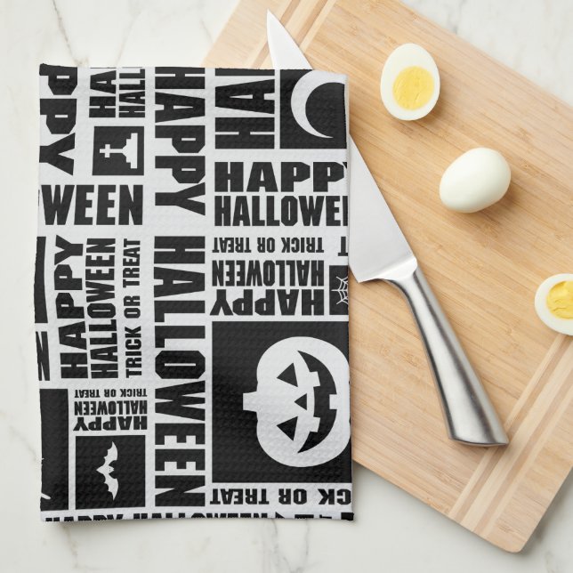 Halloween Cute Spooky Whimsical Black Pattern Kitchen Towel (Quarter Fold)
