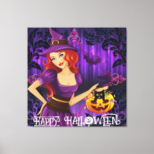 Halloween Cute Spooky Whimsical Witch Purple Canvas Print